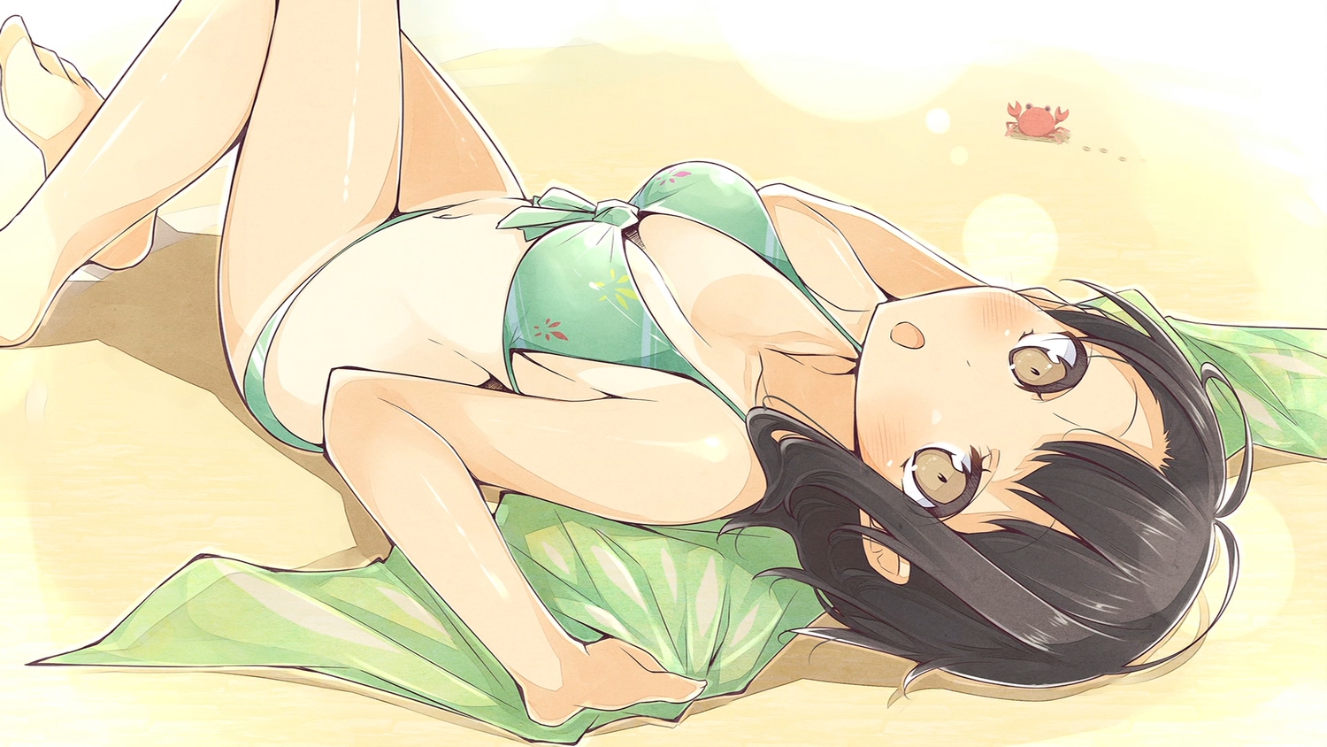 barefoot, bikini, black_hair, breasts, brown_eyes, cleavage, mizoguchi_keiji, nisekoi, onodera_kosaki, swimsuit, tan_lines, towel