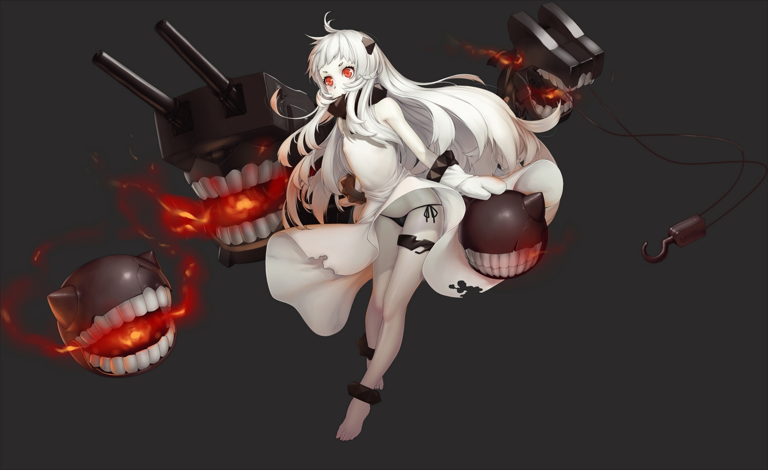 anthropomorphism, barefoot, dress, gray, horns, kantai_collection, long_hair, northern_ocean_hime