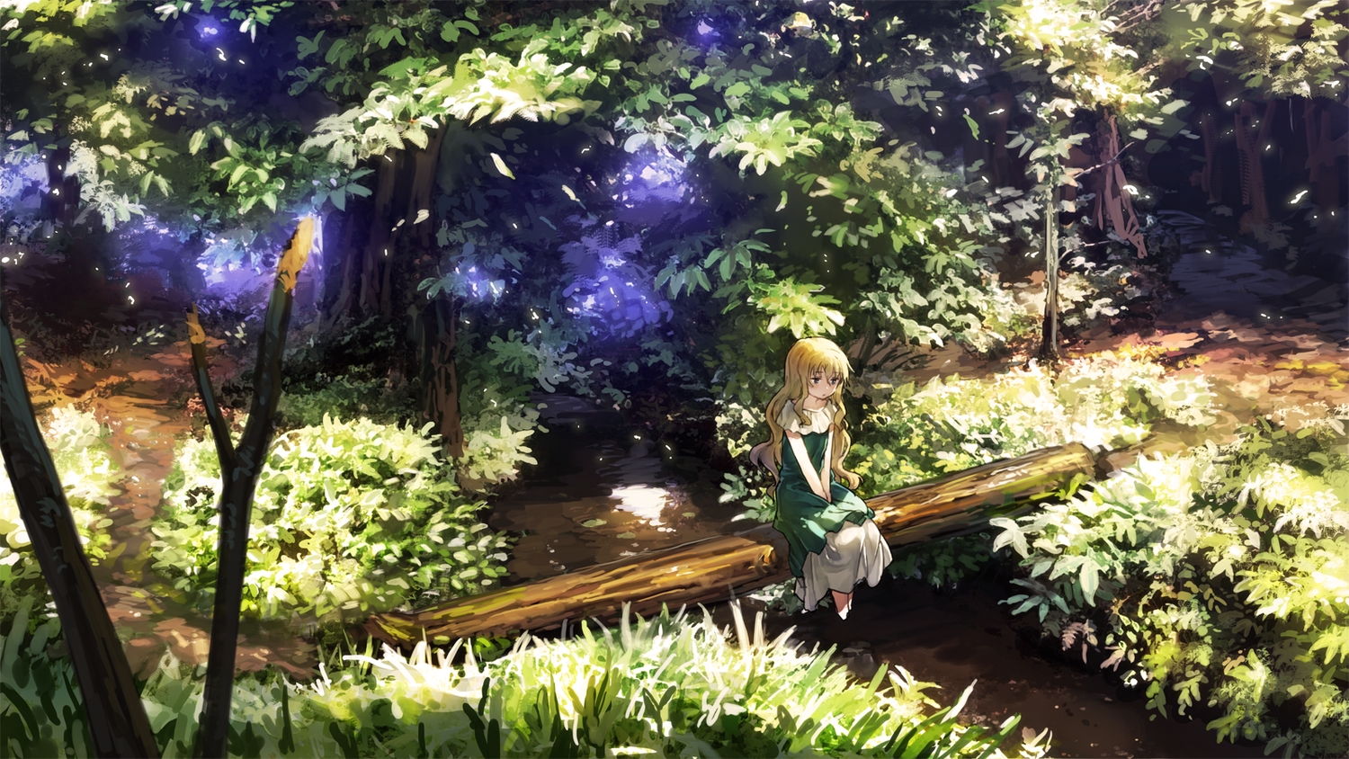 benitama, blonde_hair, dress, forest, long_hair, original, scenic, tree