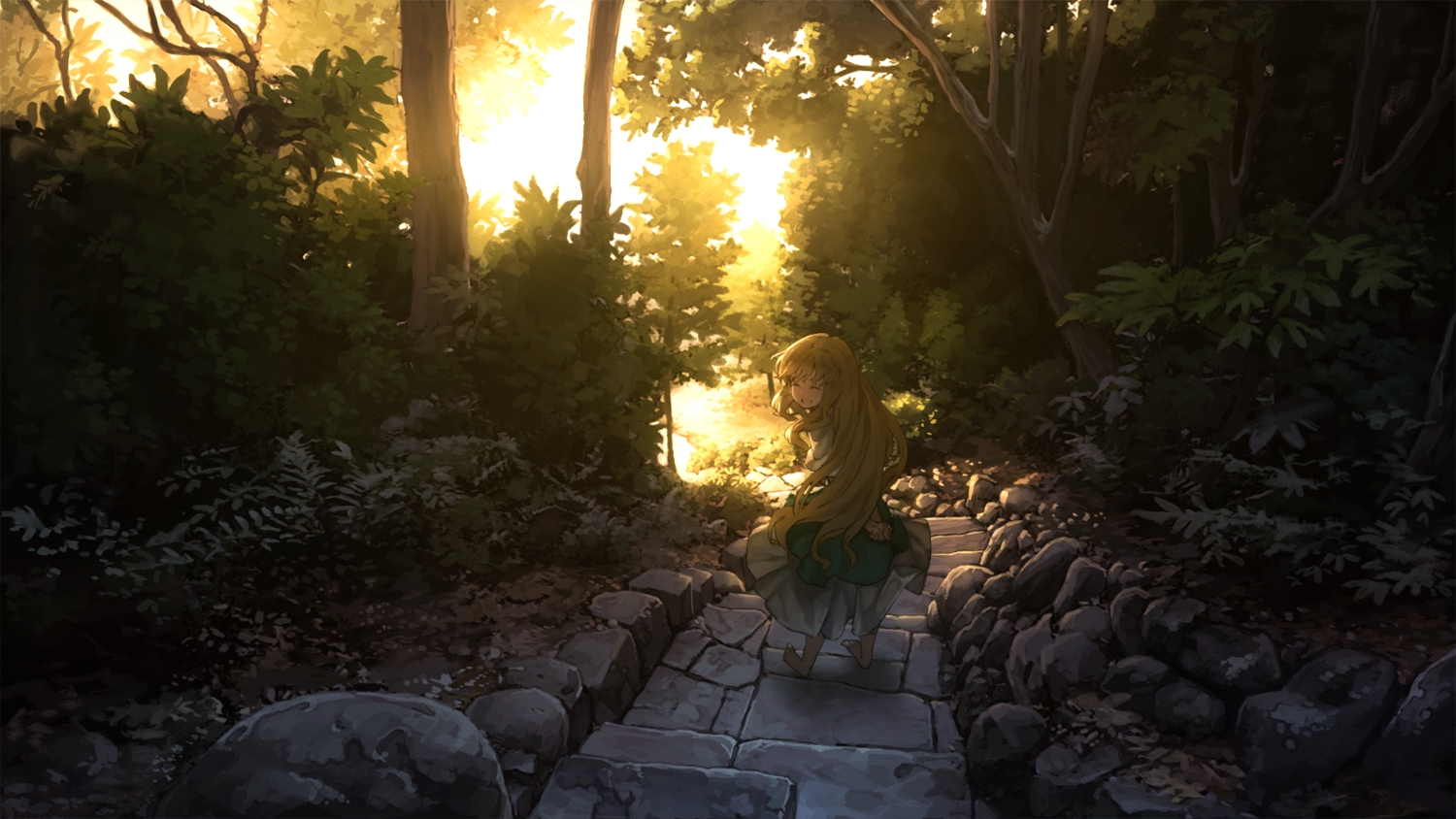 barefoot, benitama, blonde_hair, dress, forest, leaves, long_hair, original, scenic, stairs, sunset, tree