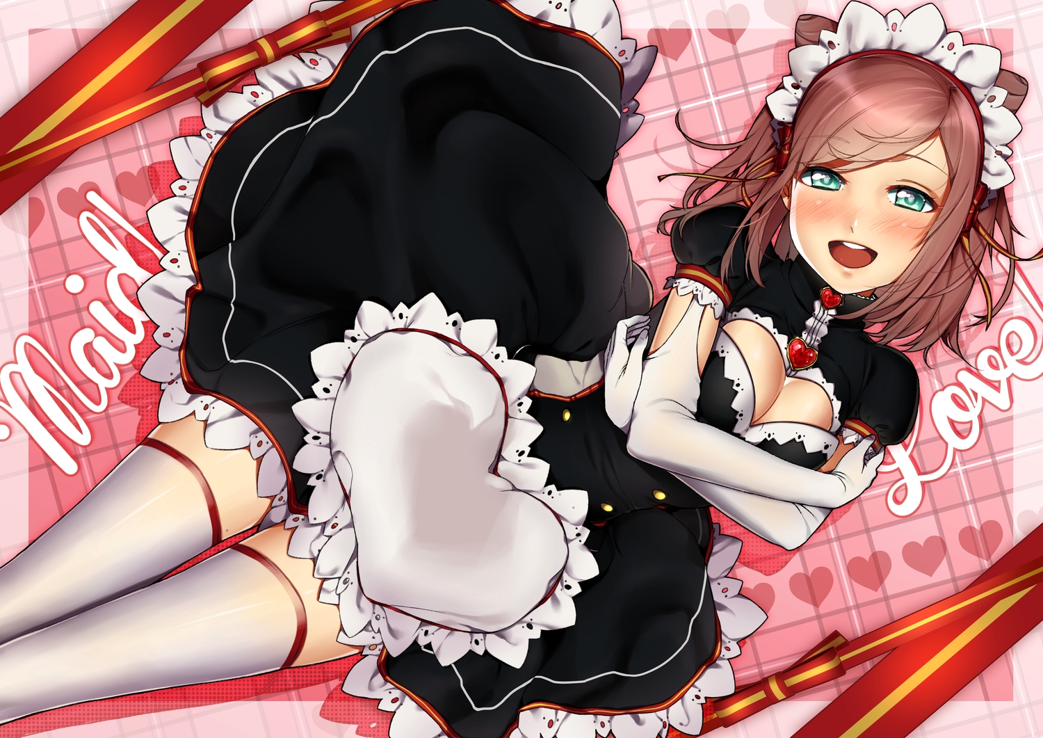 aqua_eyes, breasts, brown_hair, cleavage, elbow_gloves, gloves, headdress, heart, maid, original, rakkou, short_hair, thighhighs, zettai_ryouiki