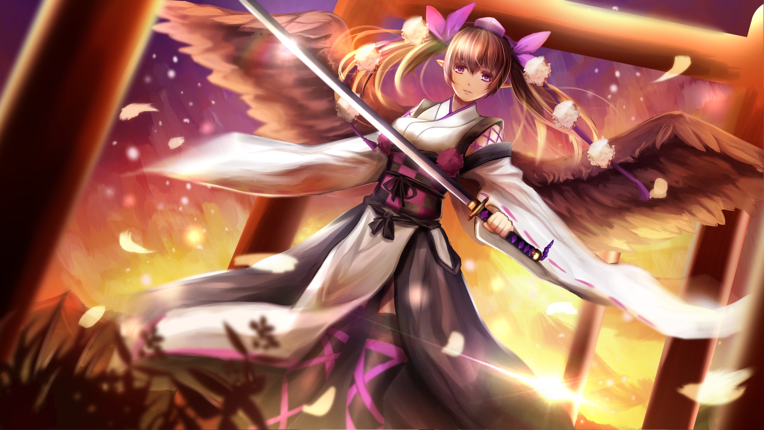 brown_hair, himekaidou_hatate, long_hair, purple_eyes, sunset, sword, touhou, twintails