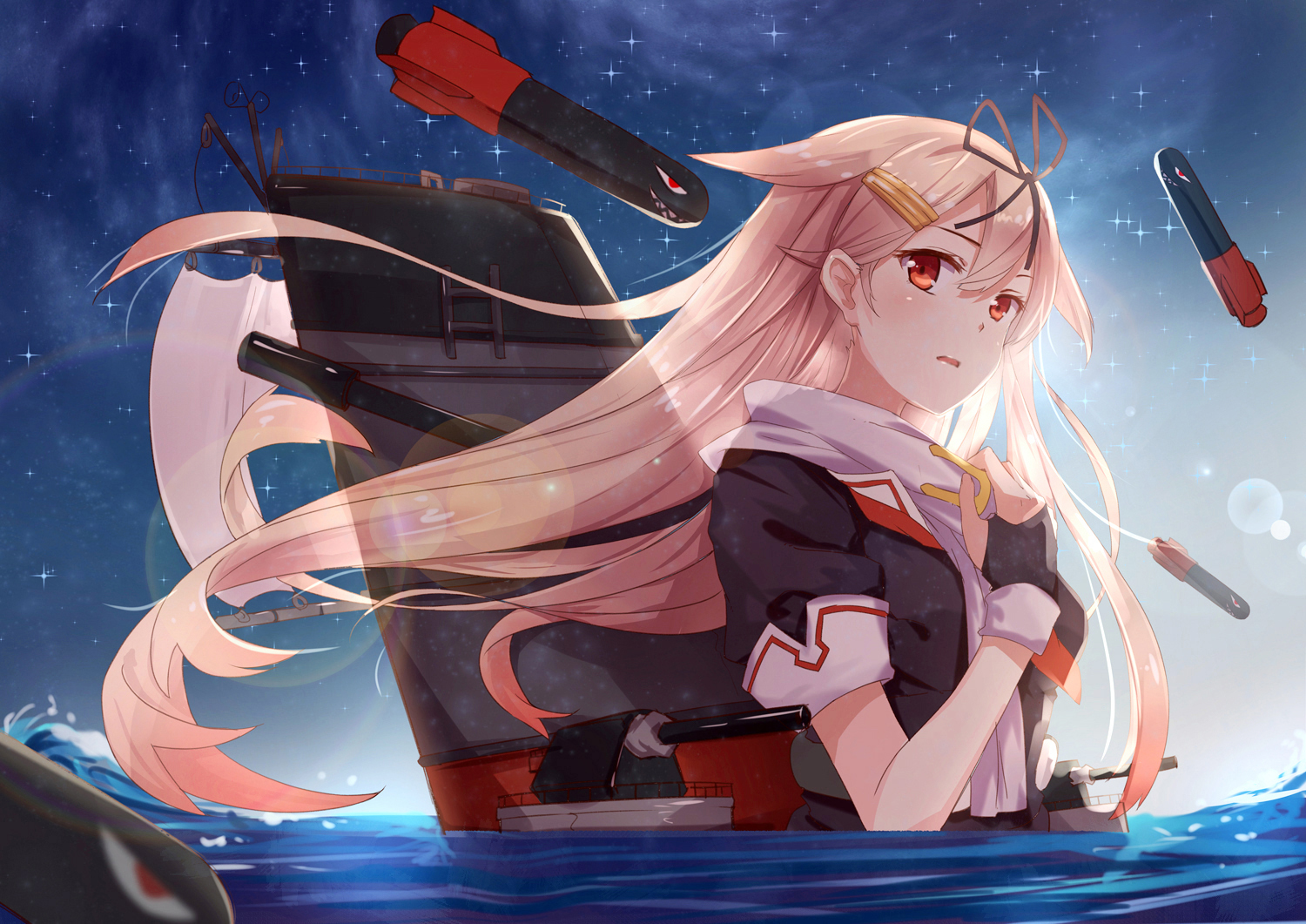 anthropomorphism, blonde_hair, byakuya_reki, gloves, kantai_collection, red_eyes, school_uniform, water