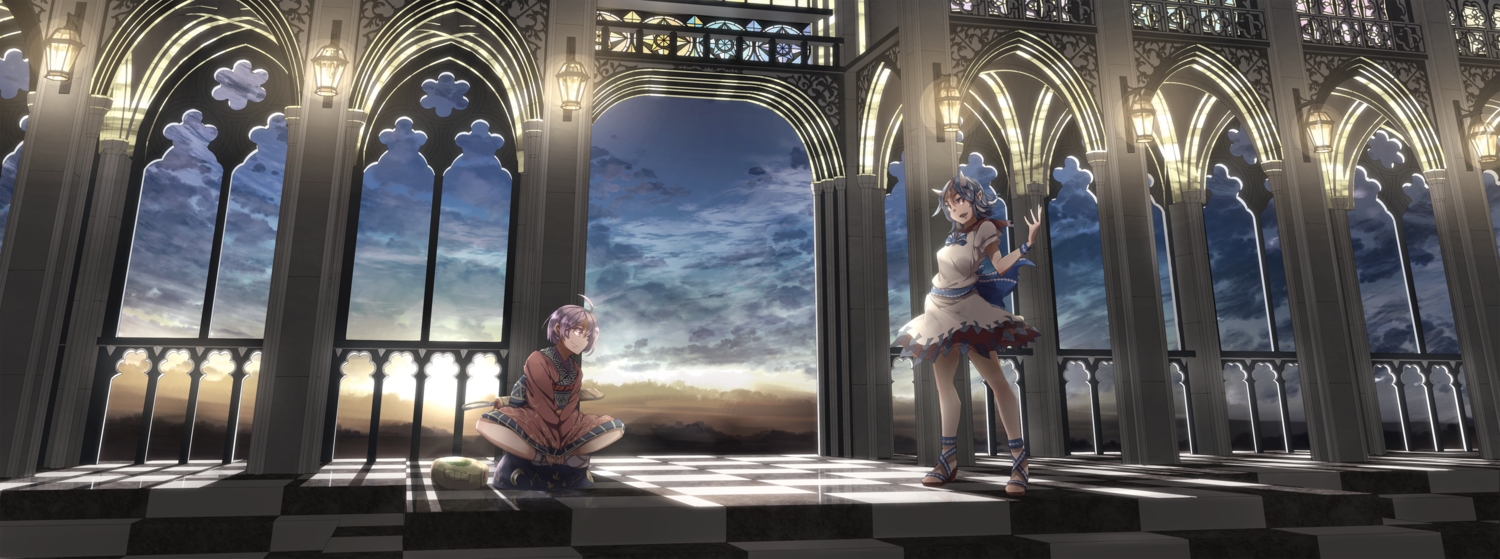 2girls, blue_eyes, bow, brown_hair, building, dress, horns, japanese_clothes, kijin_seija, peregrine, purple_eyes, purple_hair, short_hair, sky, stairs, sukuna_shinmyoumaru, sunset, touhou, weapon, wristwear, yukata