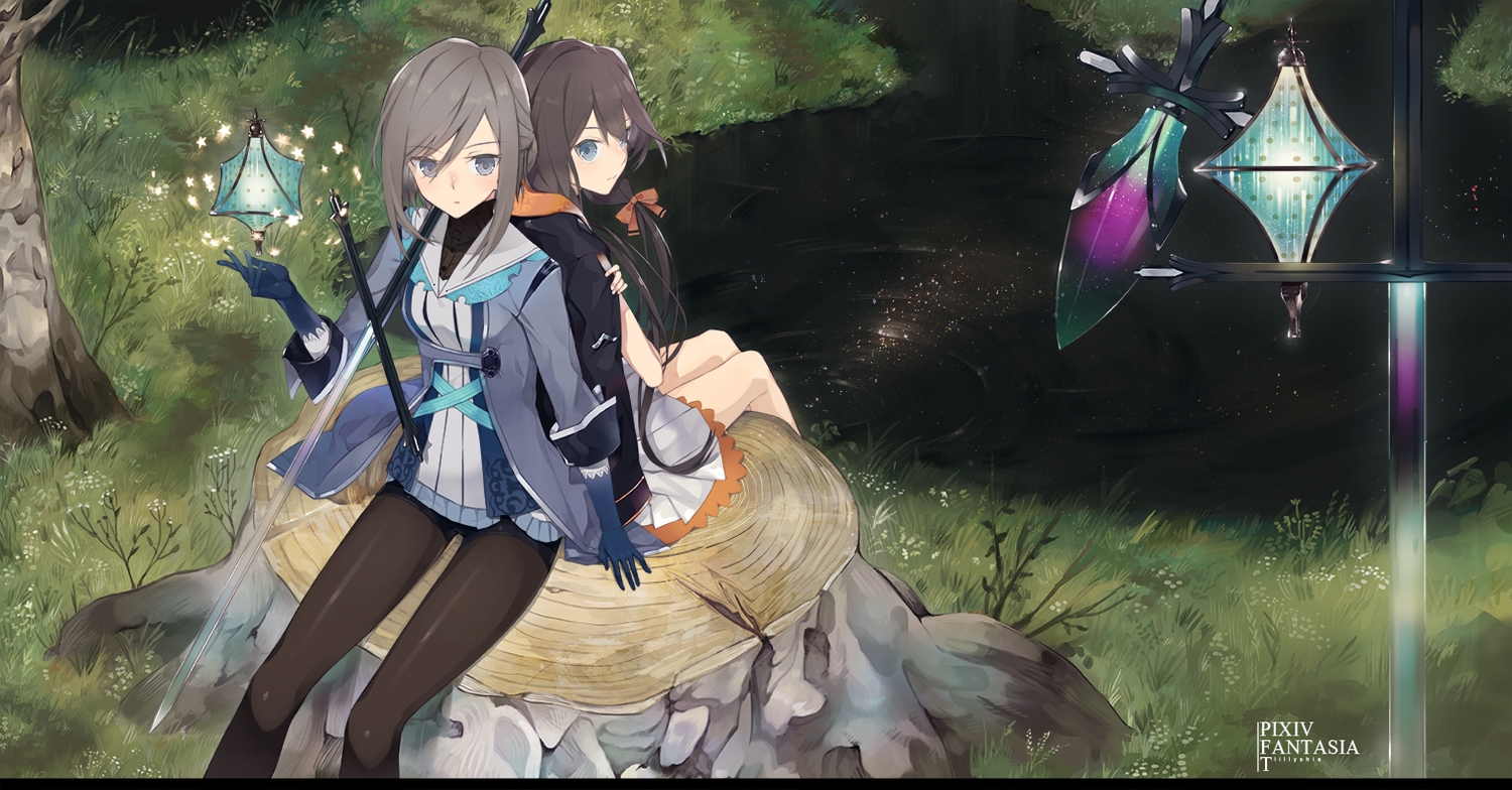 2girls, blue_eyes, brown_hair, gloves, grass, gray_eyes, gray_hair, hayashi_kewi