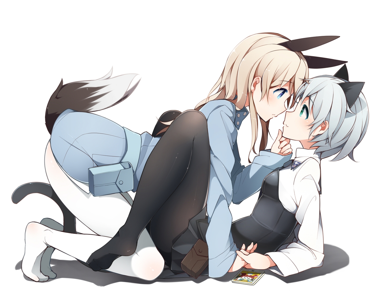 2girls, animal_ears, blonde_hair, blue_eyes, catgirl, eila_ilmatar_juutilainen, foxgirl, gray_hair, green_eyes, kinakomoti, pantyhose, sanya_v_litvyak, school_uniform, shoujo_ai, strike_witches, tail, white