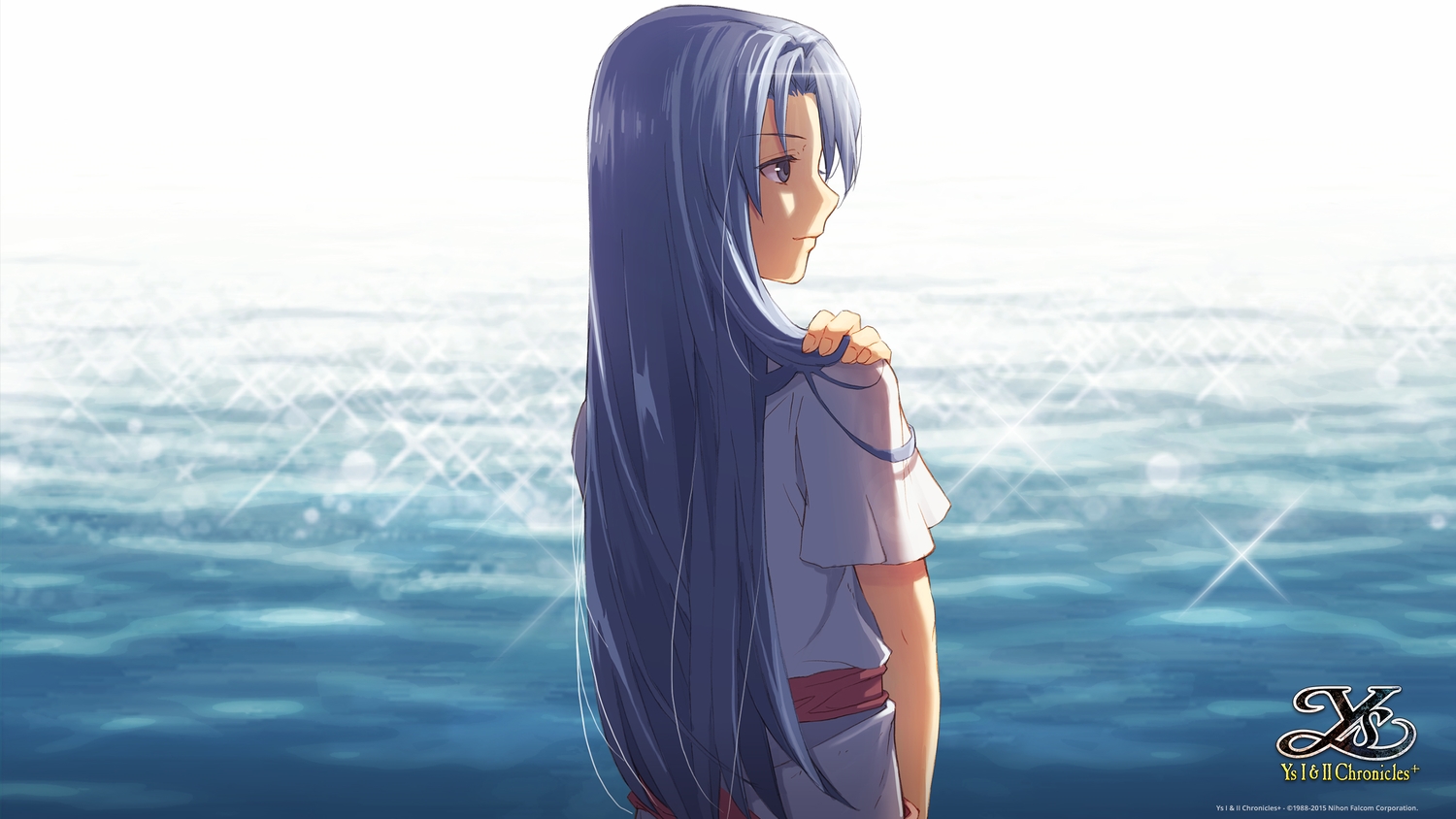 blue_eyes, blue_hair, enami_katsumi, long_hair, tagme_(character), water, watermark, ys