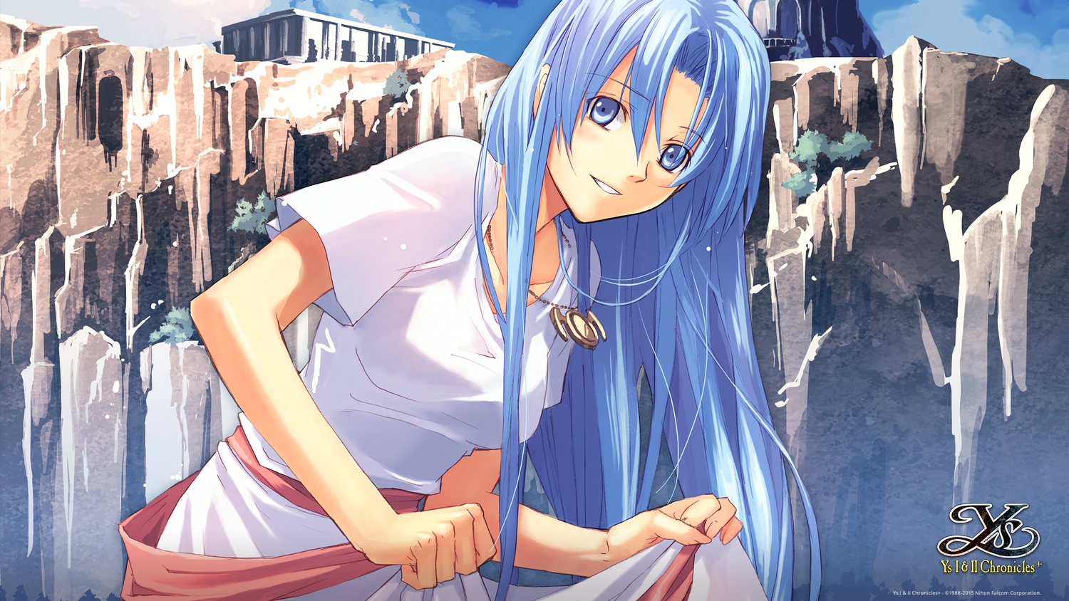 blue_eyes, blue_hair, enami_katsumi, long_hair, necklace, tagme_(character), watermark, ys