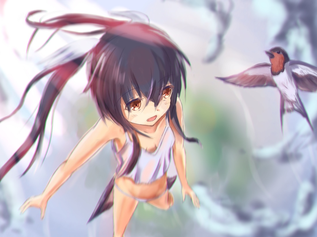 akabane_hibame, animal, barefoot, bird, black_hair, brown_eyes, long_hair, original, underwear