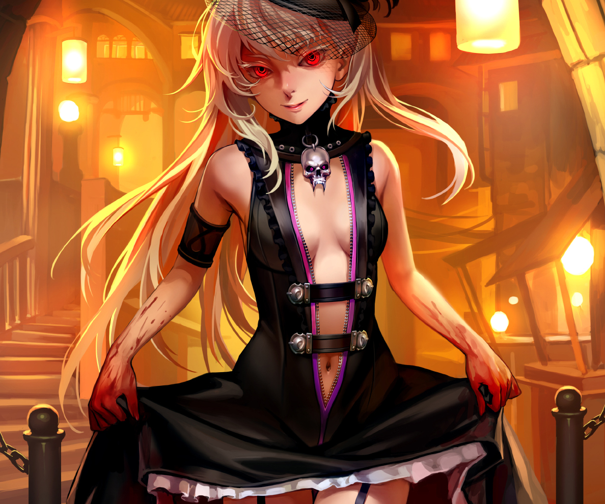 as109, blonde_hair, blood, breasts, building, cleavage, cropped, dress, garter_belt, hat, long_hair, navel, original, red_eyes, skirt, skirt_lift, skull