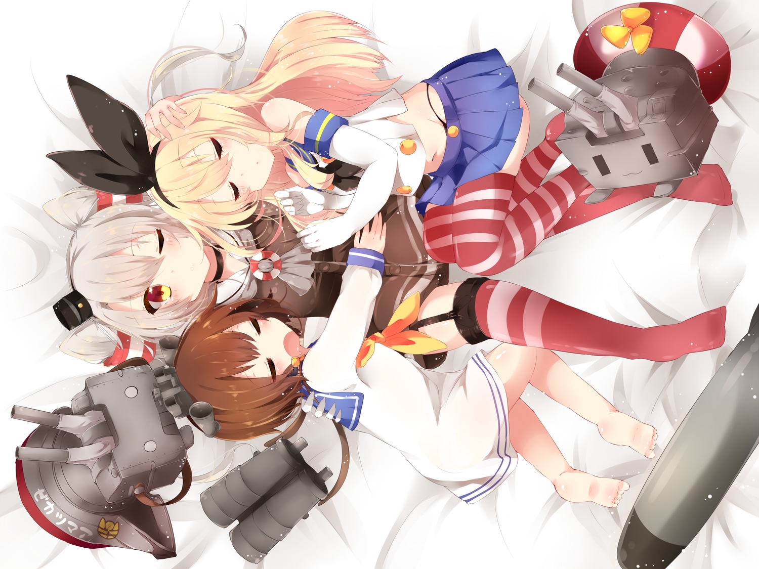 amatsukaze_(kancolle), anthropomorphism, barefoot, blonde_hair, brown_hair, choker, elbow_gloves, gloves