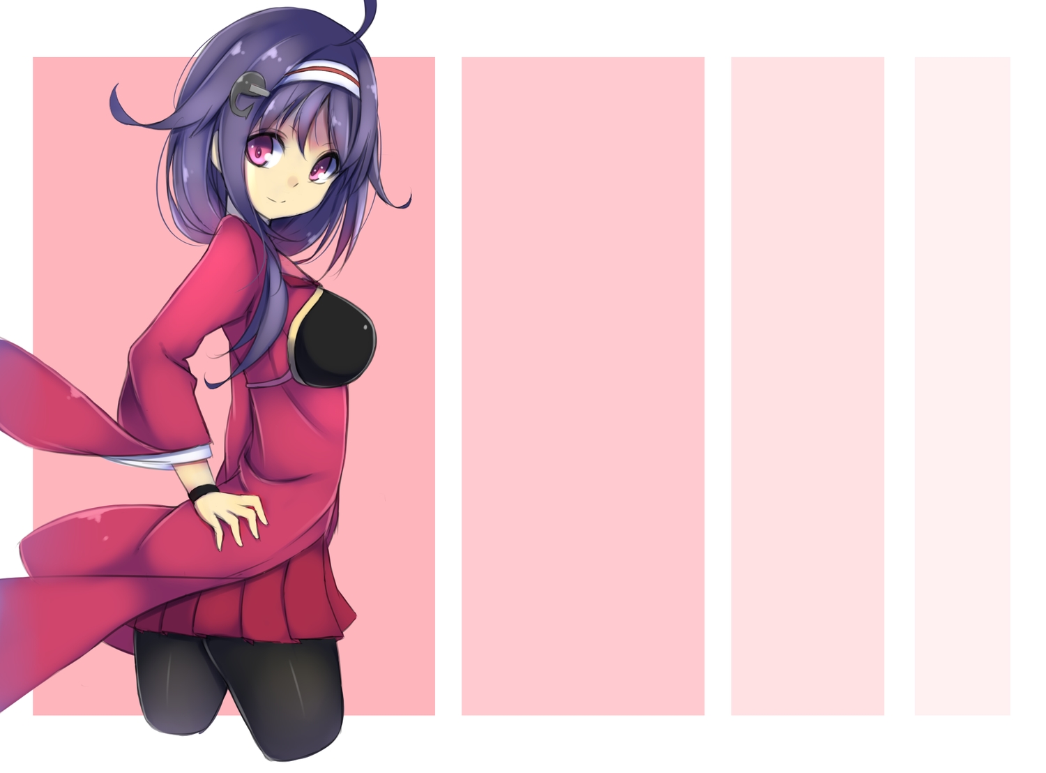 anthropomorphism, headband, kantai_collection, pantyhose, pink_eyes, purple_hair, ryuuhou_(kancolle), skirt