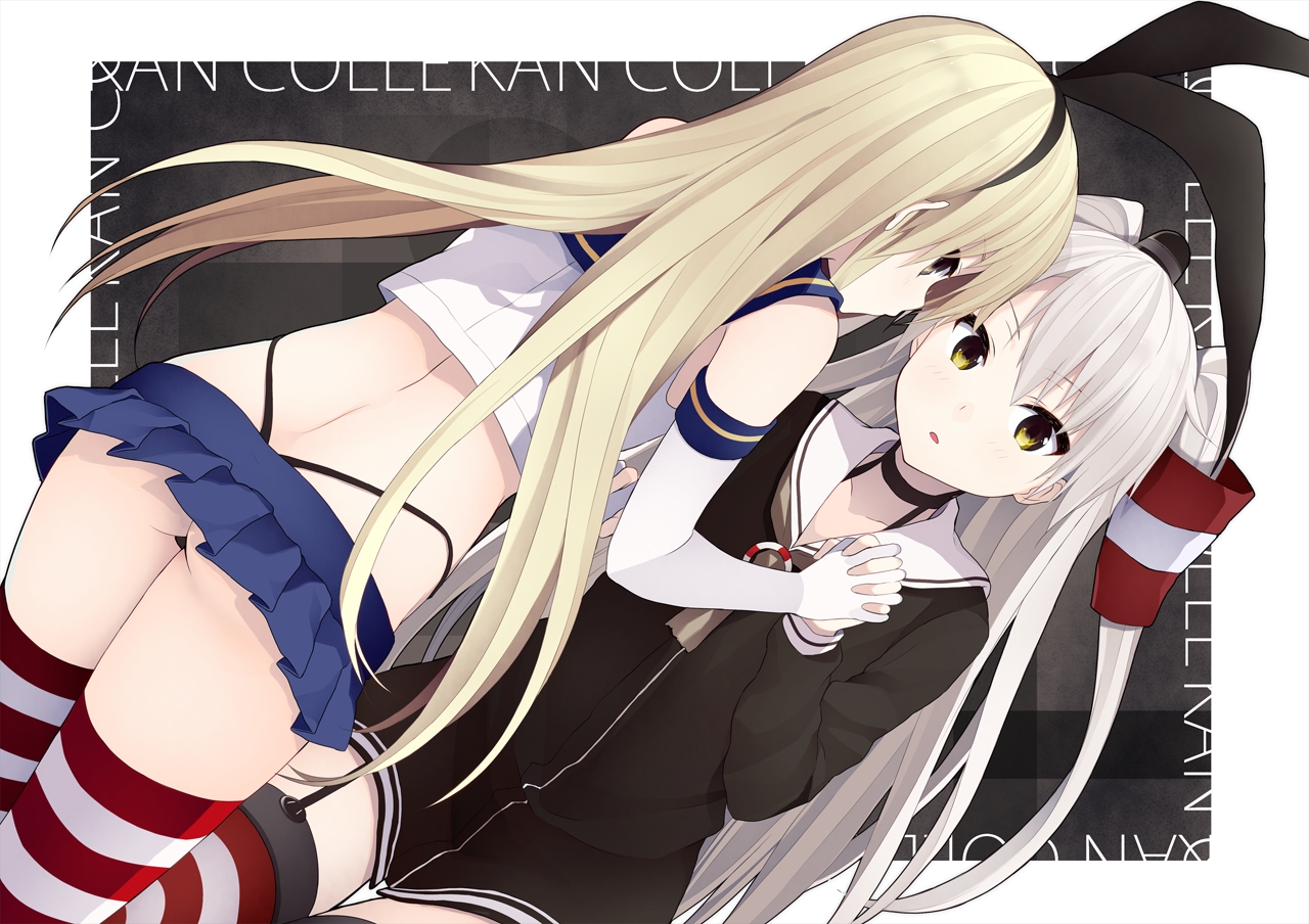 2girls, amatsukaze_(kancolle), anthropomorphism, ass, blonde_hair, gray_hair, headband, kantai_collection, long_hair, minaseyu_no, shimakaze_(kancolle), skirt, thighhighs