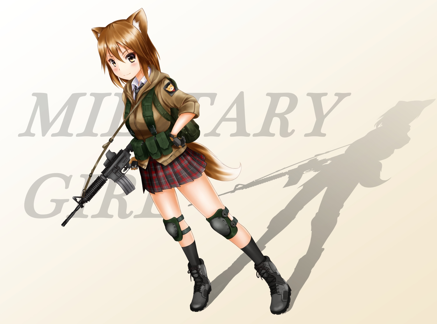 animal_ears, boots, brown_eyes, brown_hair, ginger_(syoga), gun, military, original, school_uniform, socks, tail, weapon