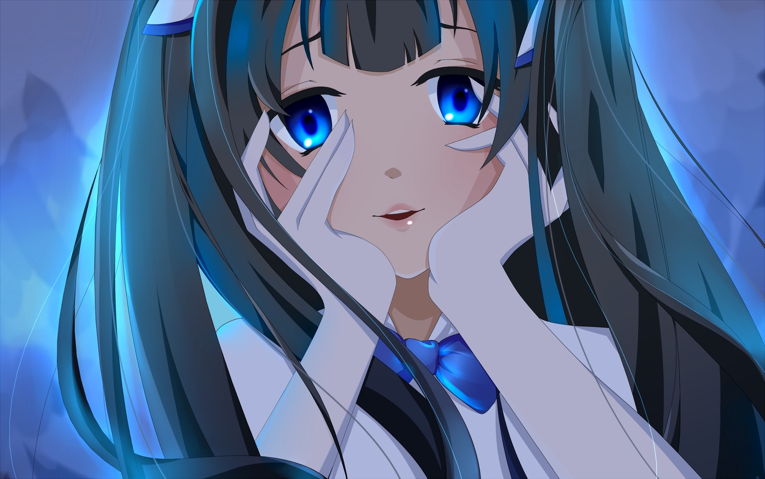 black_hair, blue, blue_eyes, bow, dungeon_ni_deai_wo_motomeru_no_wa_machigatteiru_darou_ka, gloves, hestia_(danmachi), long_hair, momodesuuu, twintails