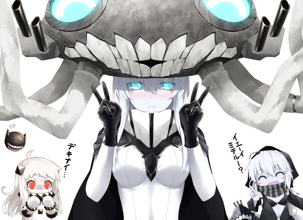 anthropomorphism, blue_eyes, blush, breasts, cape, cleavage, gloves, haribote_(tarao), hat, kantai_collection, long_hair, northern_ocean_hime, re-class_battleship, red_eyes, white_hair, wo-class_aircraft_carrier