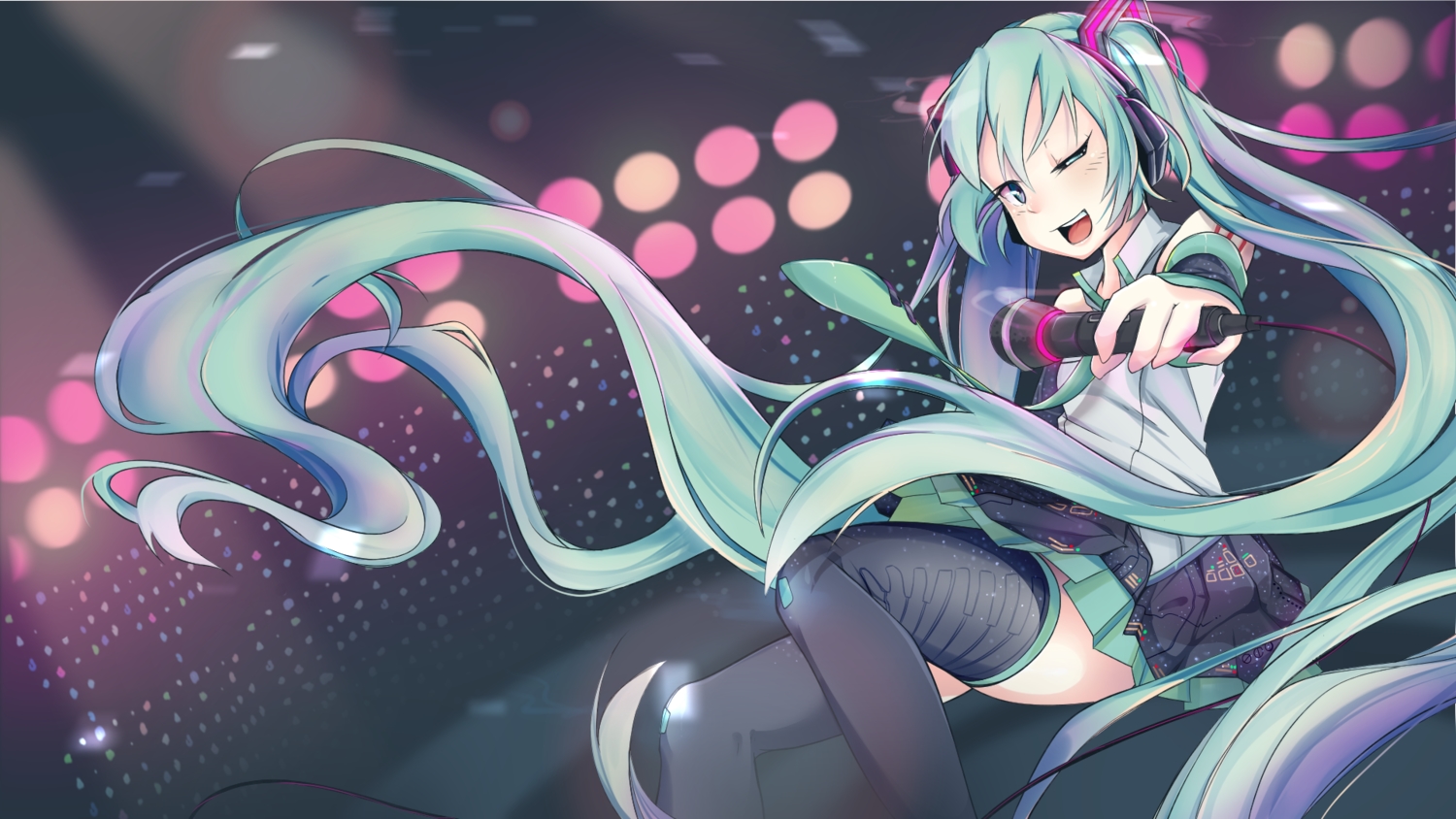blue_hair, hatsune_miku, headphones, long_hair, microphone, tiri, twintails, vocaloid