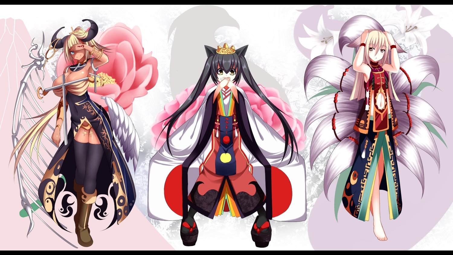 animal_ears, barefoot, black_hair, blonde_hair, breasts, cleavage, crown, dark_skin