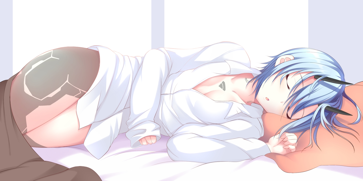 blue_hair, breasts, cleavage, horns, io_(pso2), naked_shirt, phantasy_star, phantasy_star_online, phantasy_star_online_2, shirt, sleeping, sukage, tattoo
