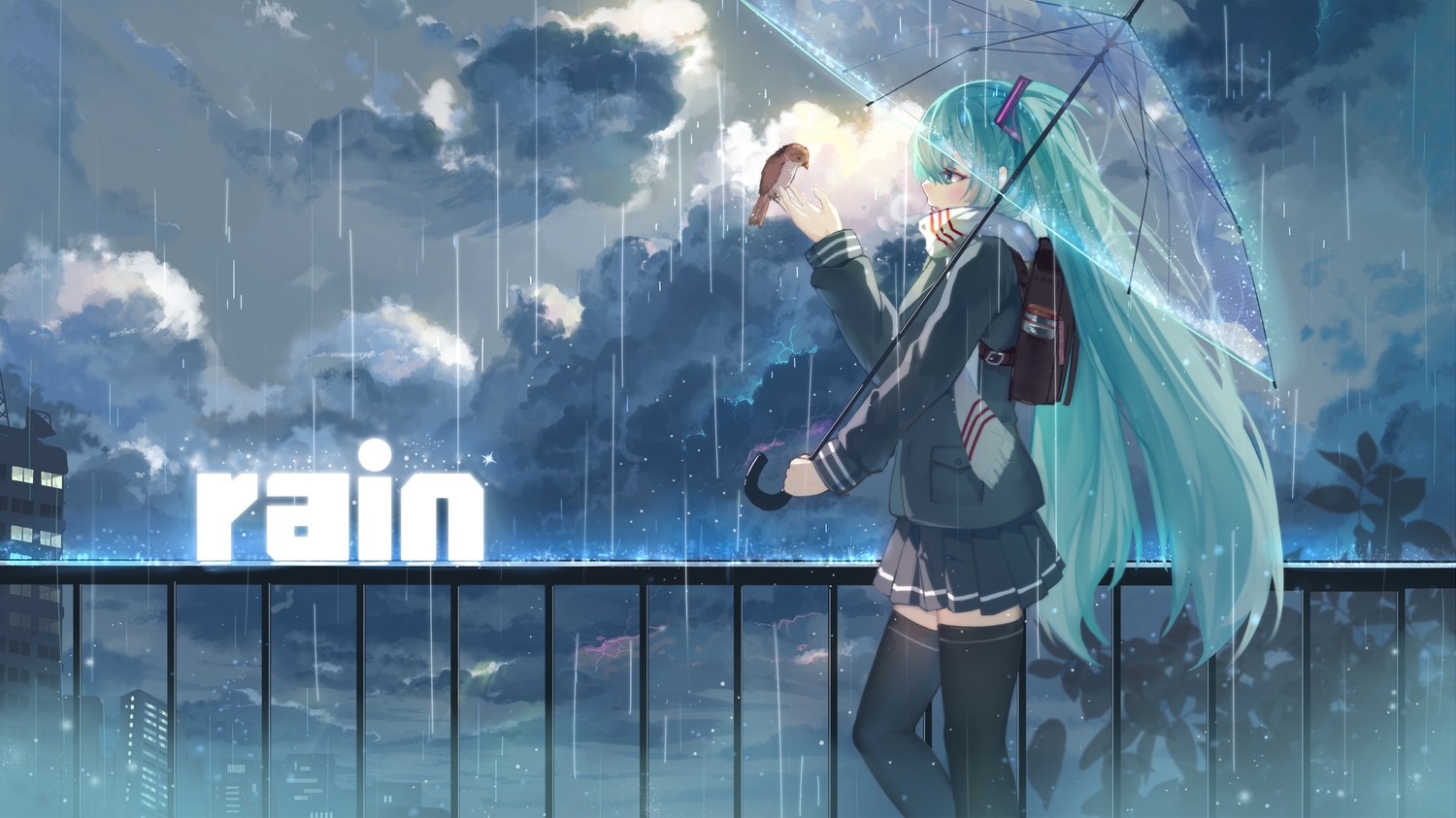 animal, bird, building, city, clouds, haraguroi_you, hatsune_miku, long_hair, rain, school_uniform, skirt, sky, thighhighs, twintails, umbrella, vocaloid, water, zettai_ryouiki