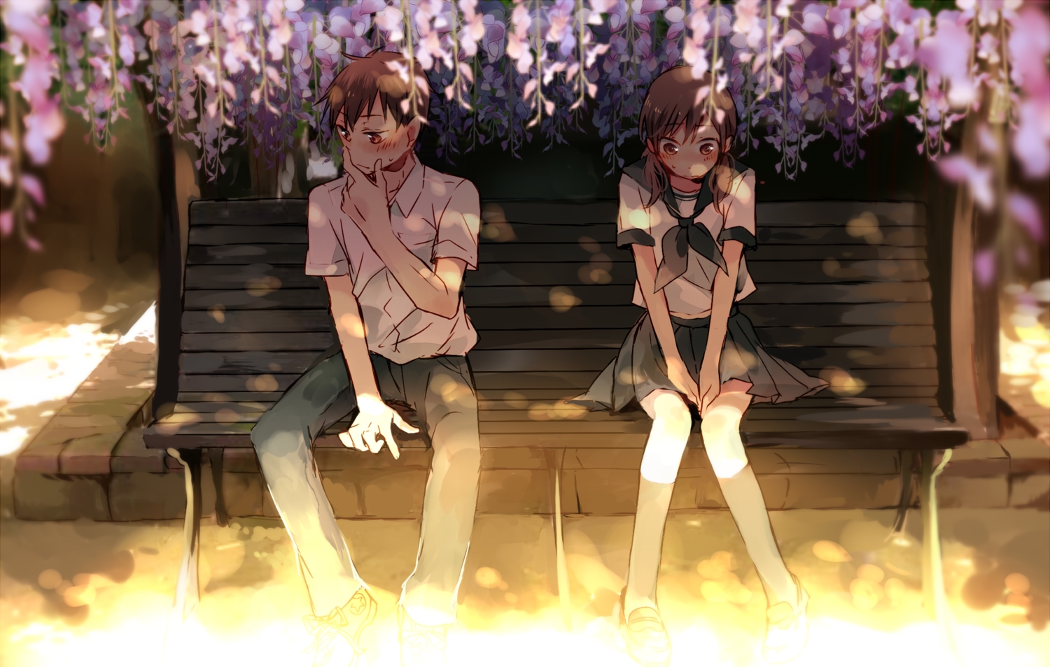 blush, flowers, kneehighs, makoji_(yomogi), male, original, park, school_uniform, shade, skirt, tree