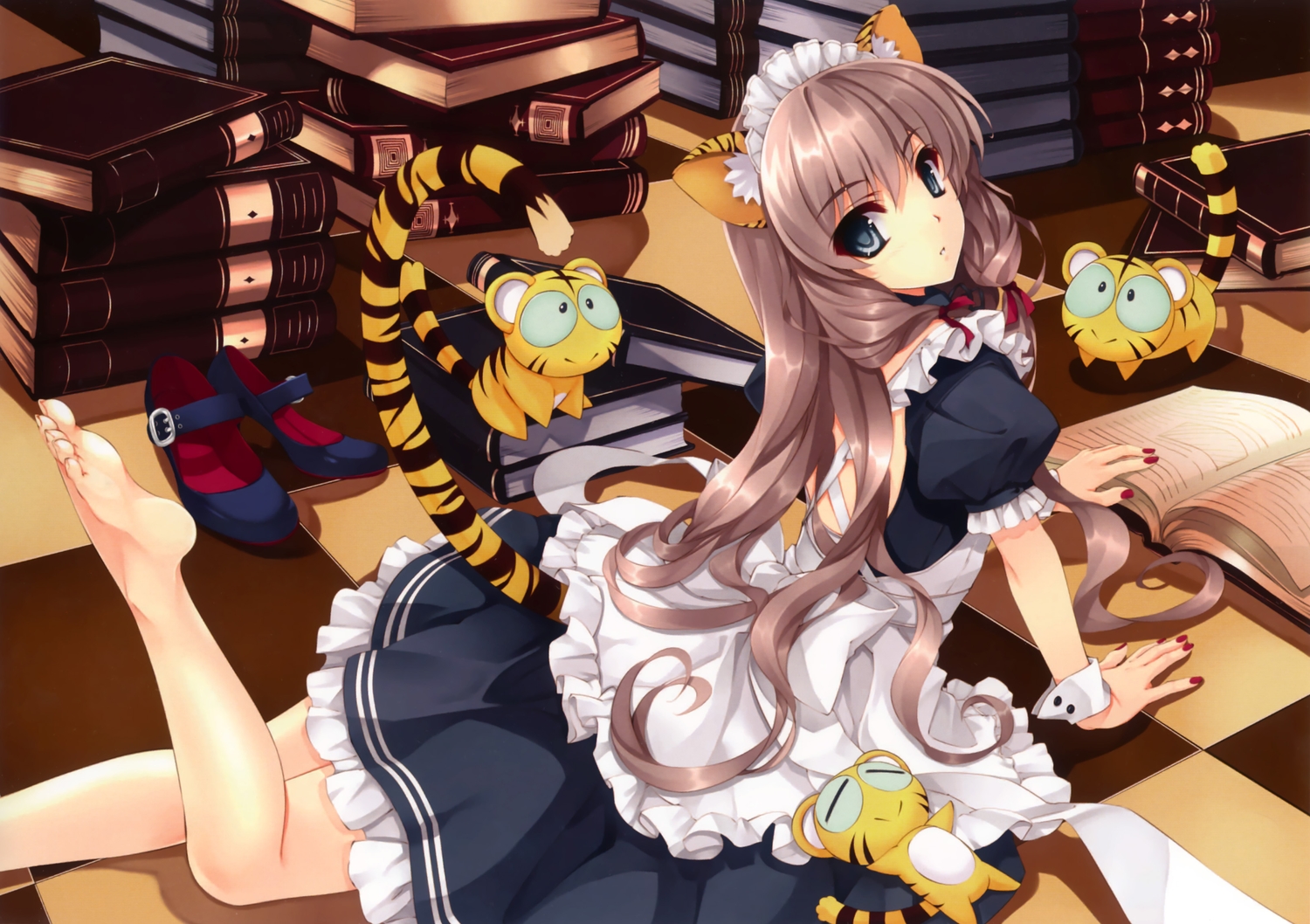 animal, animal_ears, barefoot, blonde_hair, book, catgirl, comic_toranoana, gray_eyes, long_hair, maid, misaki_kurehito, scan, tail, tiger