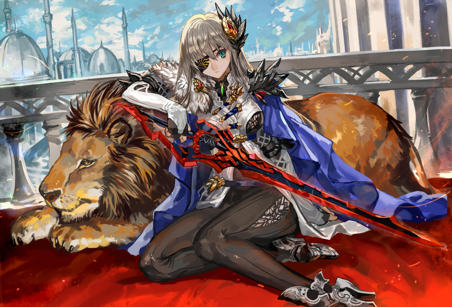 animal, blonde_hair, boots, cape, elbow_gloves, eyepatch, gloves, green_eyes