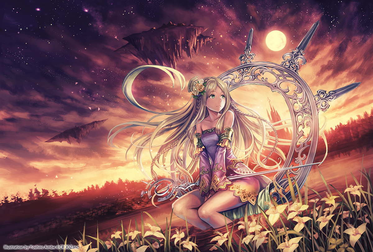 anbe_yoshirou, blonde_hair, flowers, green_eyes, long_hair, shinma_x_keishou!_ragnabreak, sky, staff