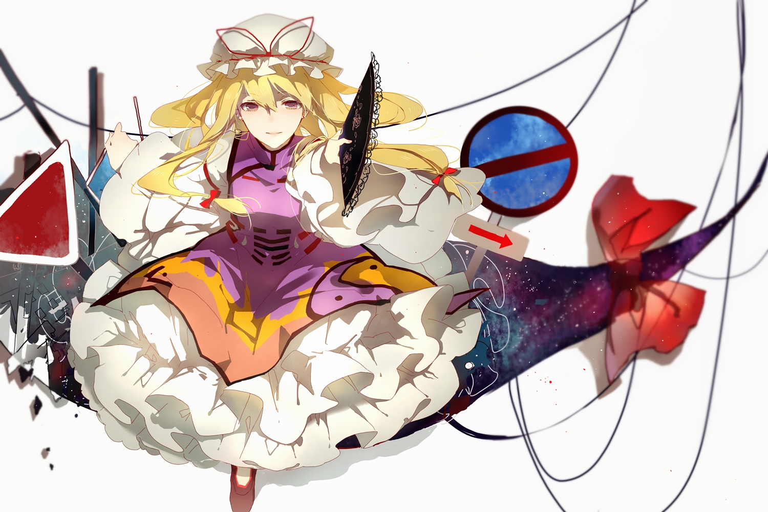 blonde_hair, dress, fan, pudding_(8008208820), purple_eyes, touhou, yakumo_yukari