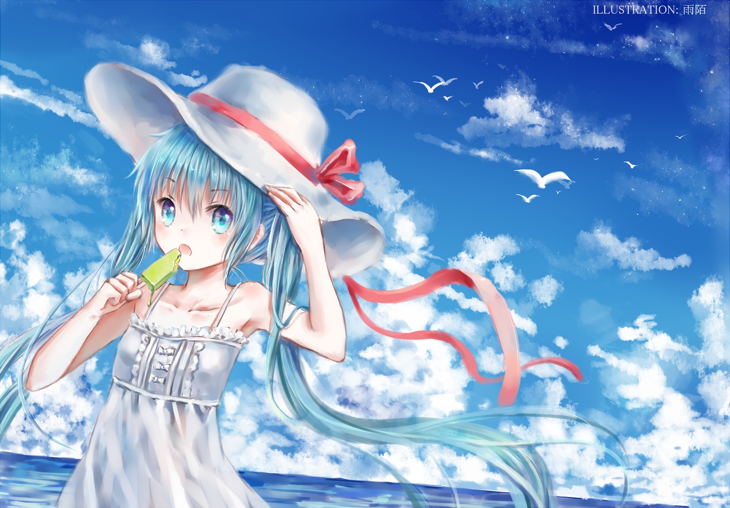 blue_eyes, blue_hair, hatsune_miku, long_hair, mimengfeixue, summer, twintails, vocaloid