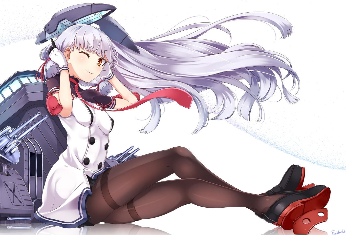 anthropomorphism, erect_nipples, gloves, gray_hair, kantai_collection, long_hair, murakumo_(kancolle), orange_eyes, pantyhose, school_uniform, signed, suohachi, tie, white, wink