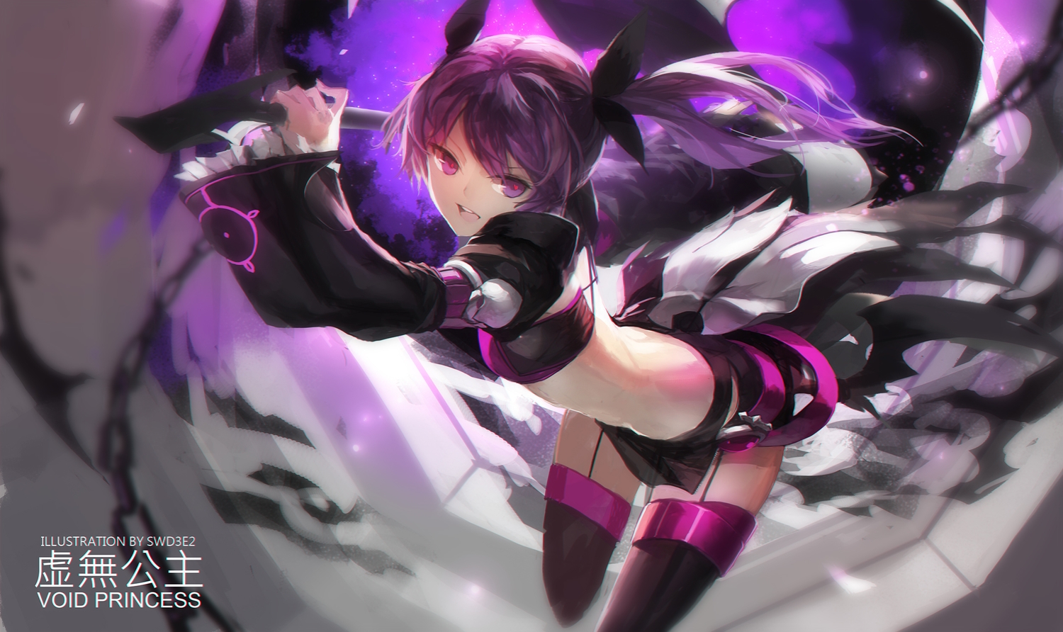 aisha_(elsword), elsword, pink_eyes, pink_hair, swd3e2, sword, thighhighs, twintails, watermark, weapon