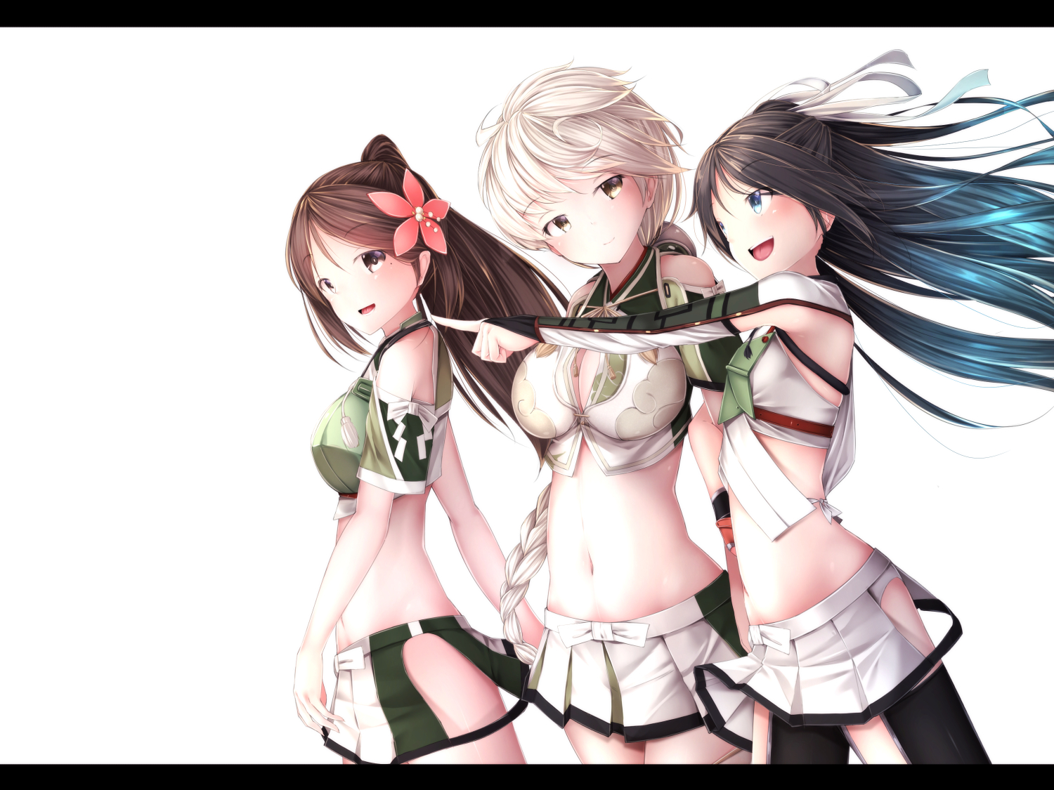 amagi_(kancolle), anthropomorphism, braids, breasts, brown_hair, cleavage, kantai_collection, katsuragi_(kancolle), long_hair, navel, rerrere, skirt, thighhighs, unryuu_(kancolle)