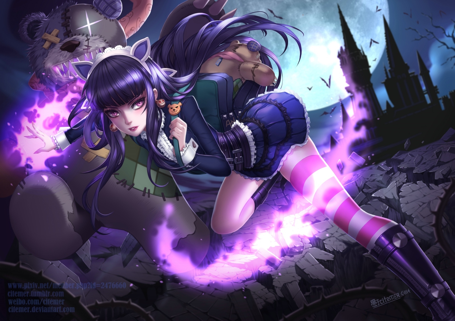 annie_(league_of_legends), dress, fire, headdress, league_of_legends, liuruoyu8888, long_hair, maid