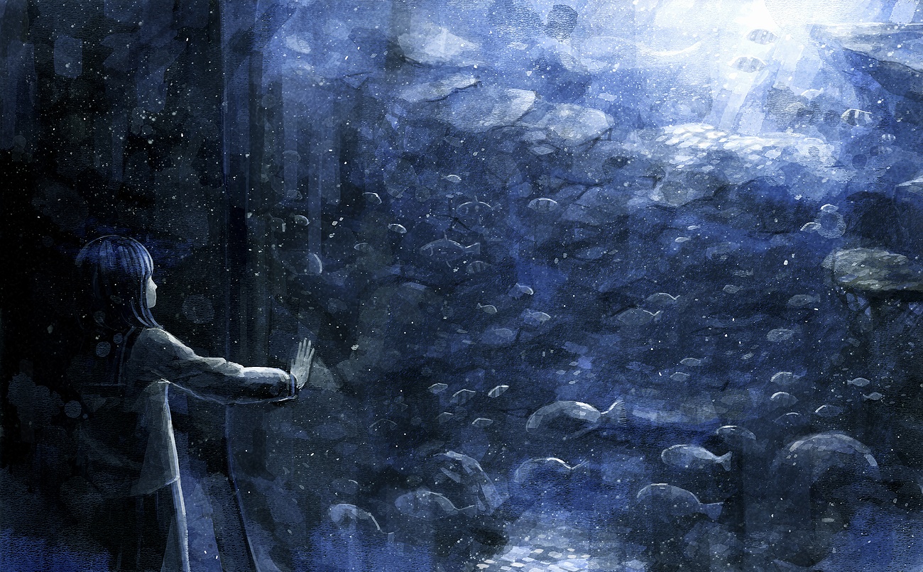 animal, blue, fish, monochrome, nomiya_(no_38), original, school_uniform
