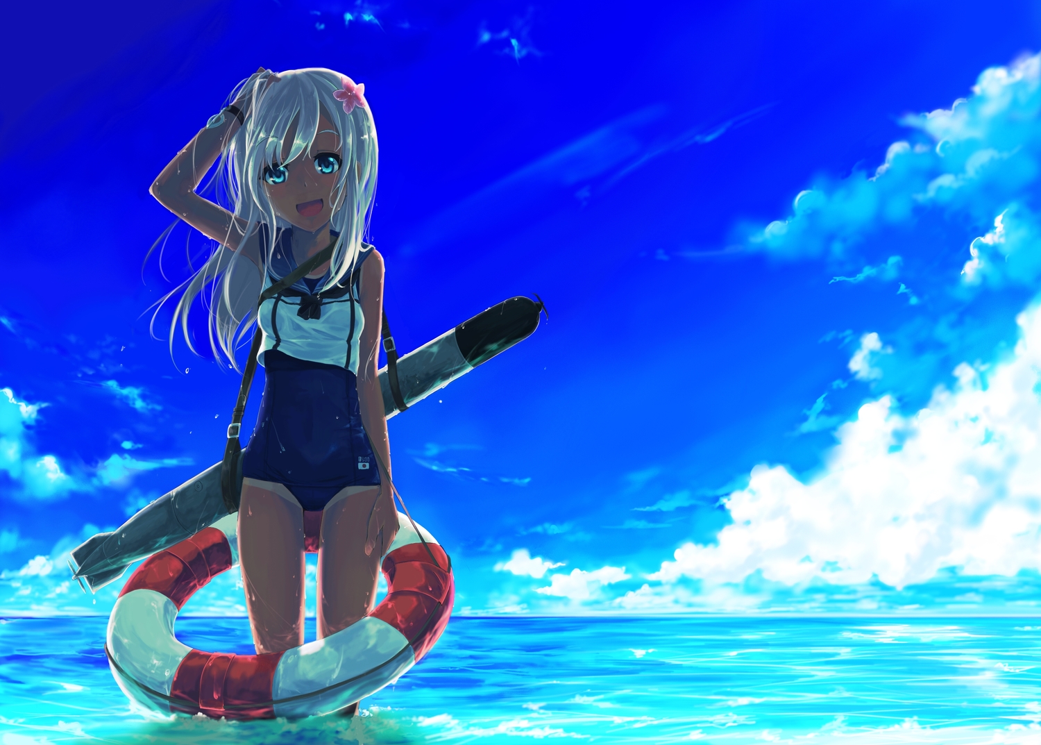 anthropomorphism, blonde_hair, blue_eyes, clouds, dark_skin, flowers, kantai_collection, long_hair, ro-500_(kancolle), school_swimsuit, sky, sorano_eika, swim_ring, swimsuit, tan_lines, water, wet, wristwear