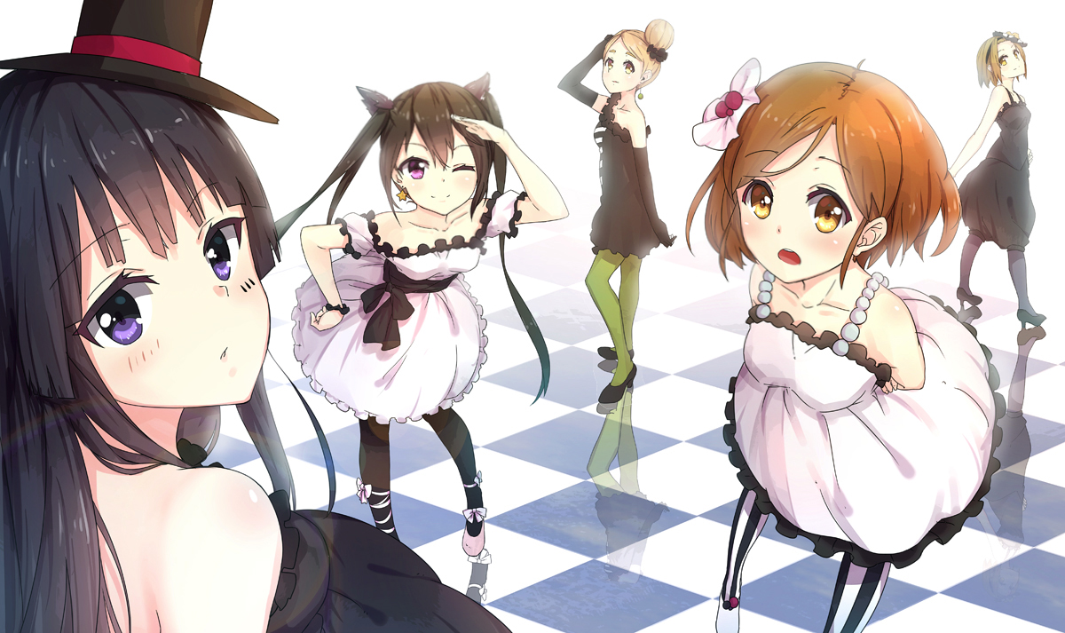 akiyama_mio, animal_ears, black_hair, blonde_hair, byakuya_reki, catgirl, dress, group