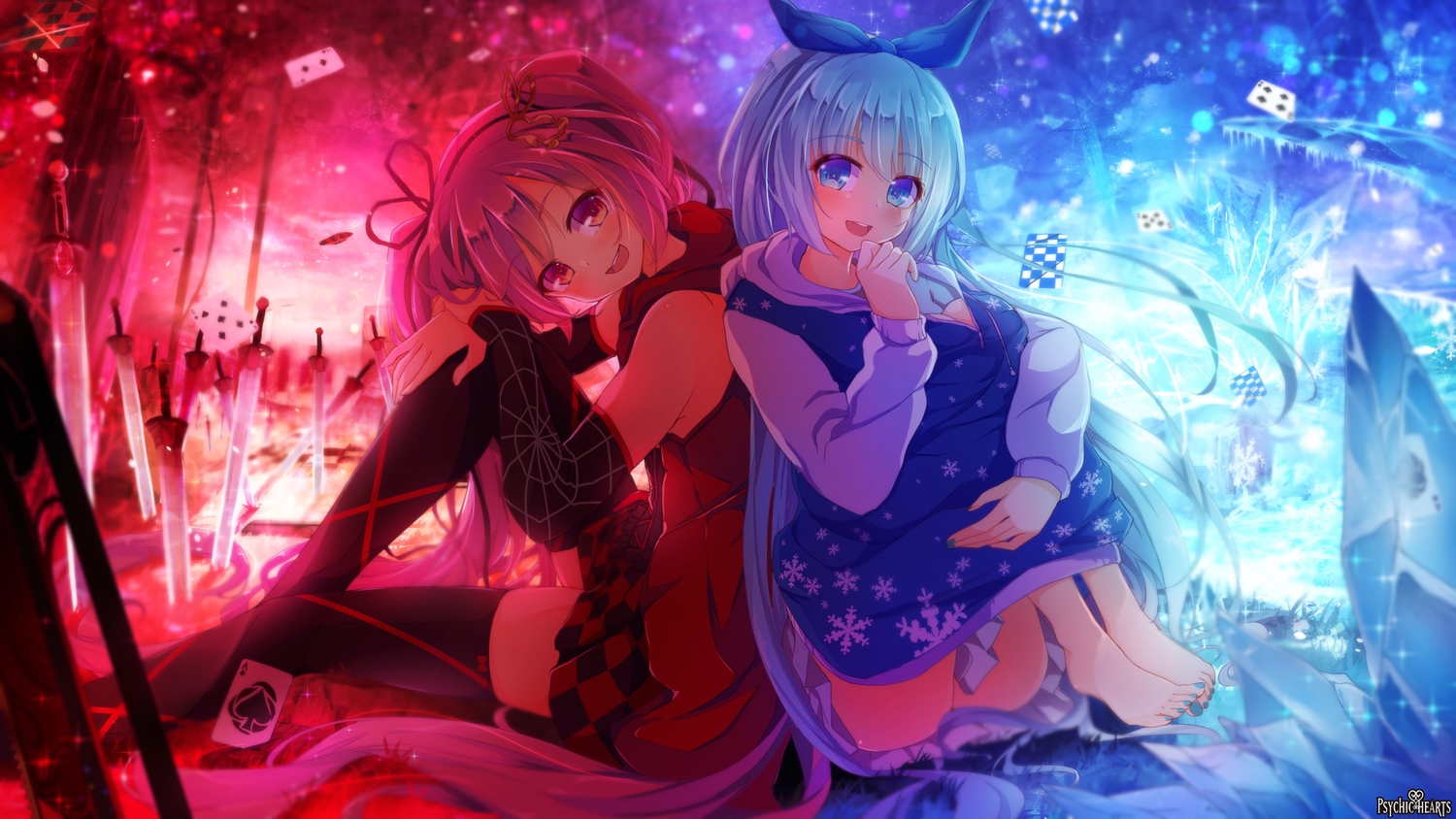 2girls, barefoot, blue_eyes, blue_hair, dennryuurai, headband, logo, long_hair, psychic_hearts, red_eyes, red_hair, ribbons, sword, thighhighs, twintails, weapon