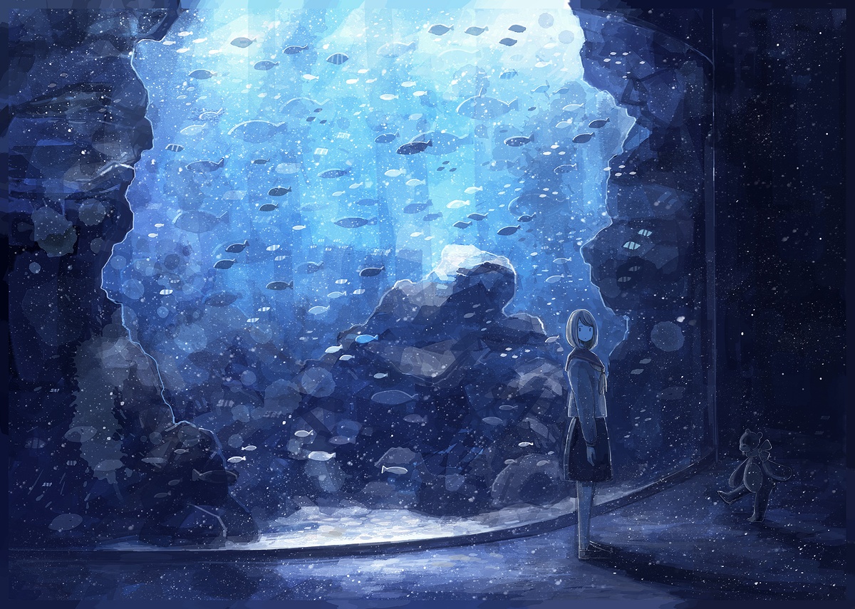 animal, blue, fish, monochrome, nomiya_(no_38), original, school_uniform, skirt