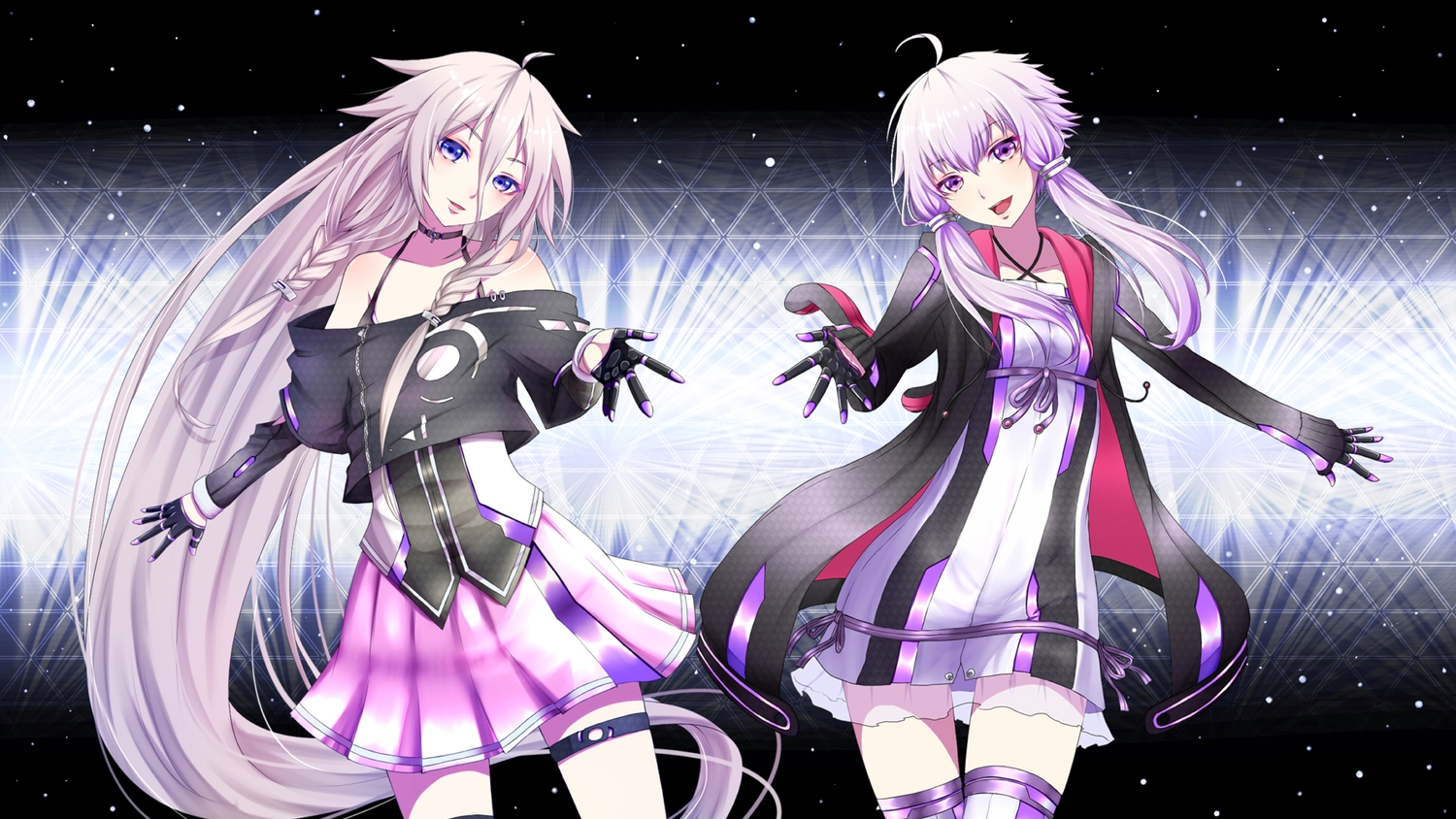 2girls, blue_eyes, braids, choker, daburu, dress, gloves, hood