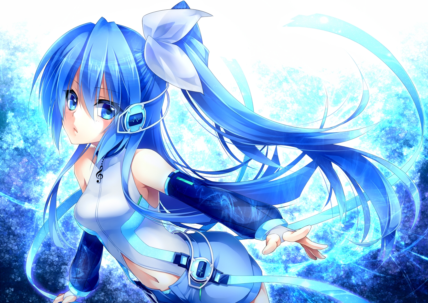 blue, blue_eyes, blue_hair, elbow_gloves, gloves, hatsune_miku, headphones, long_hair, navel, ponytail, ribbons, ueno_tsuki, vocaloid