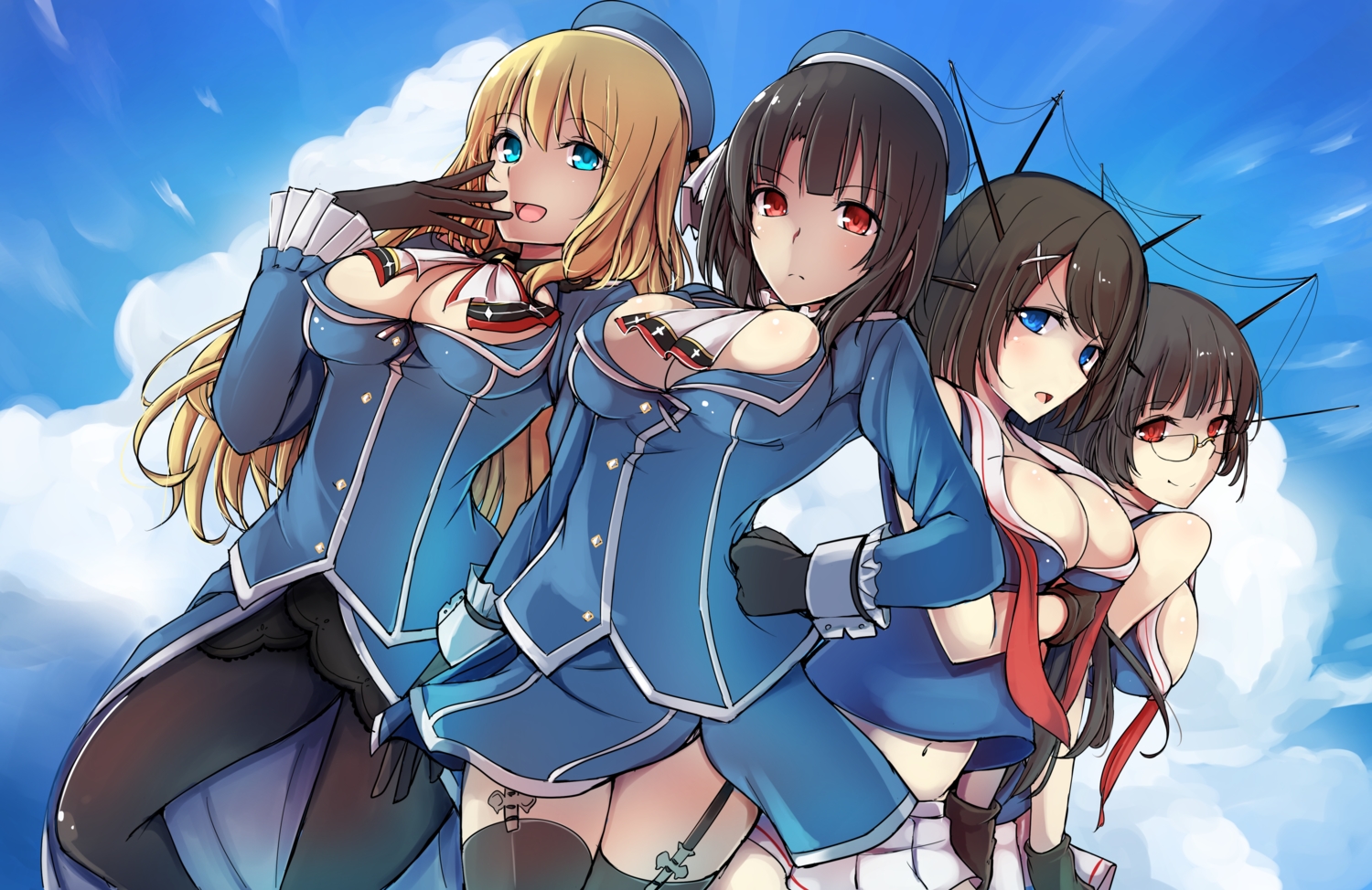 anthropomorphism, aqua_eyes, atago_(kancolle), black_hair, blonde_hair, blue_eyes, breasts, choukai_(kancolle), cleavage, clouds, garter_belt, glasses, gloves, group, hat, kantai_collection, korezyanai, long_hair, maya_(kancolle), navel, pantyhose, short_hair, sky, stockings, takao_(kancolle)