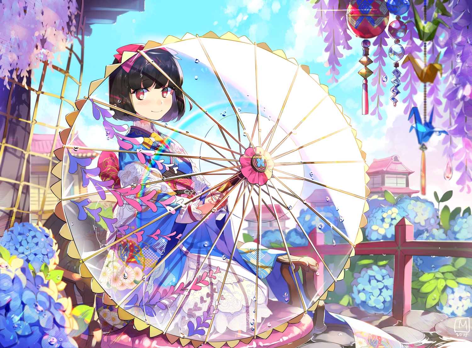 black_hair, blush, bow, building, flowers, japanese_clothes, kimono, mansu, original, rainbow, red_eyes, short_hair, signed, umbrella