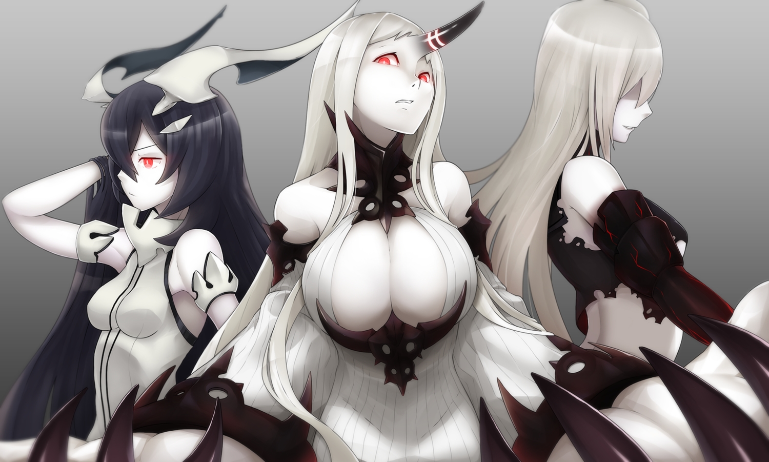 aircraft_carrier_hime, anchorage_water_demon, anthropomorphism, bbk_(13zk), black_hair, breasts, cleavage, harbour_water_demon, horns, kantai_collection, long_hair, red_eyes, white_hair