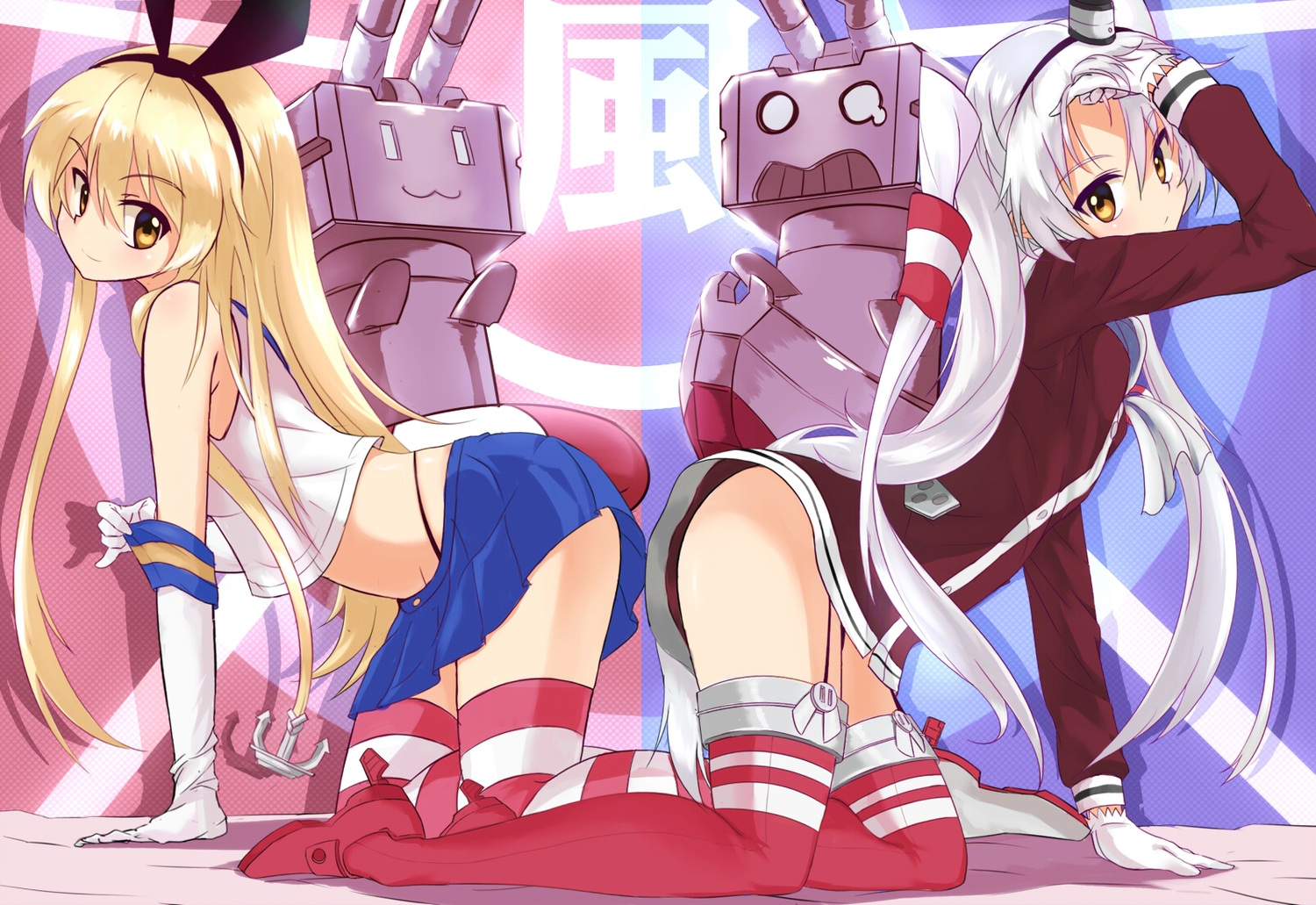 2girls, amatsukaze_(kancolle), anthropomorphism, blonde_hair, brown_eyes, caibao, cat_smile, elbow_gloves