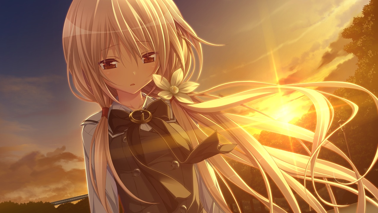 blonde_hair, brown_eyes, chrono_clock, clouds, flowers, game_cg, koku, kuro_(chrono_clock), long_hair, purple_software, sky, sunset, tree, twintails