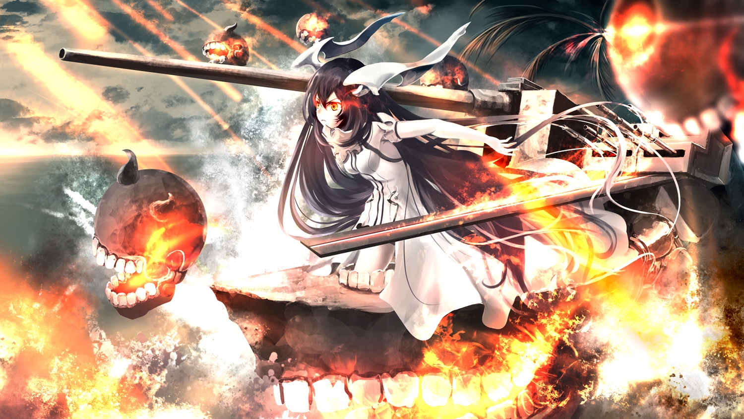 anchorage_water_demon, anthropomorphism, black_hair, clouds, dress, fire, horns, kantai_collection