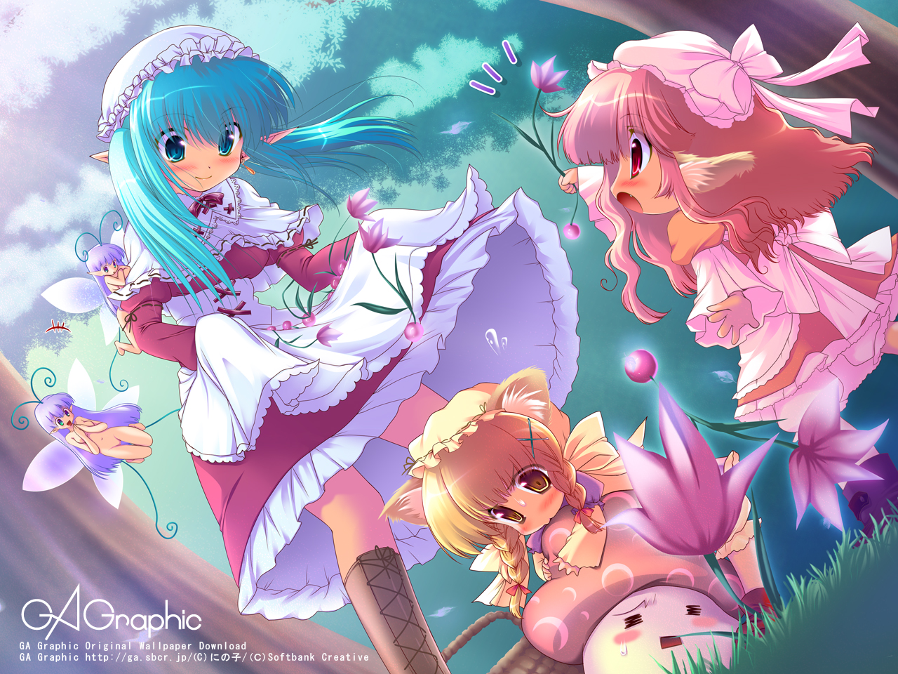 animal_ears, aqua_eyes, aqua_hair, blonde_hair, boots, braids, dress, fairy
