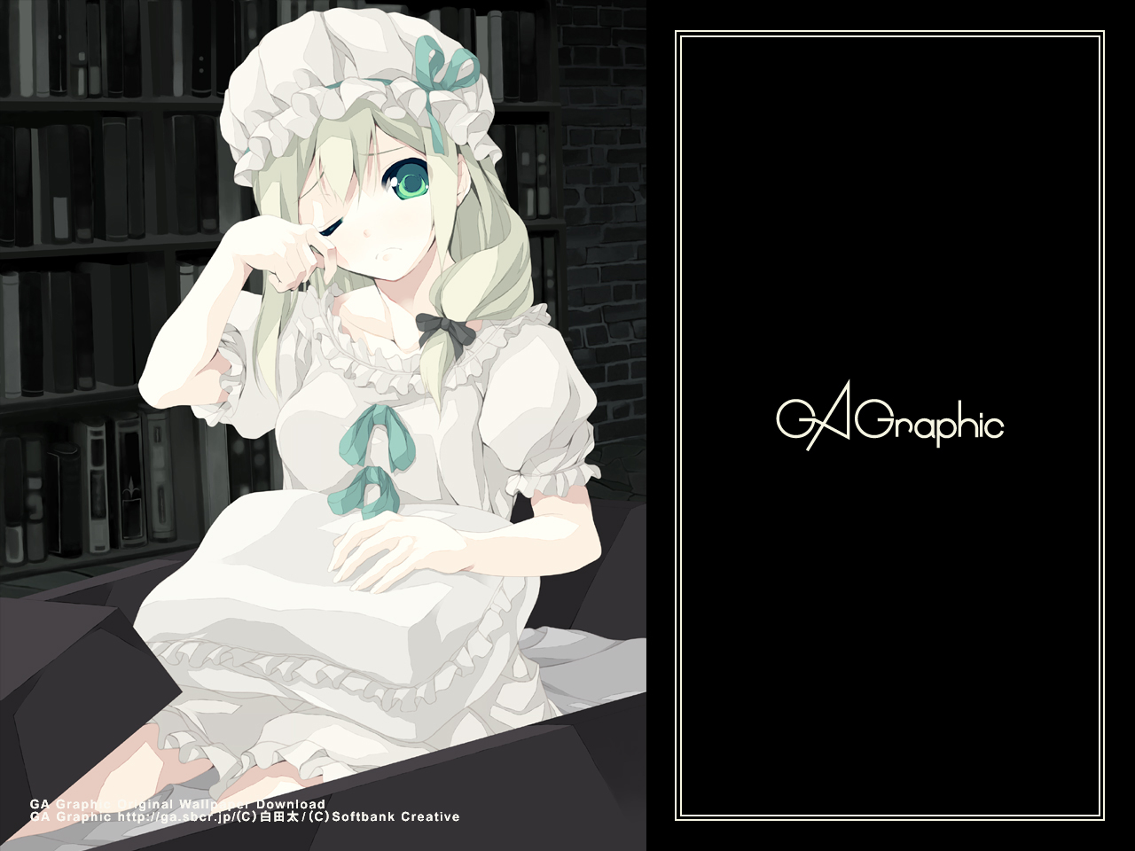 book, bow, gagraphic, green_eyes, headdress, logo, pajamas, ribbons