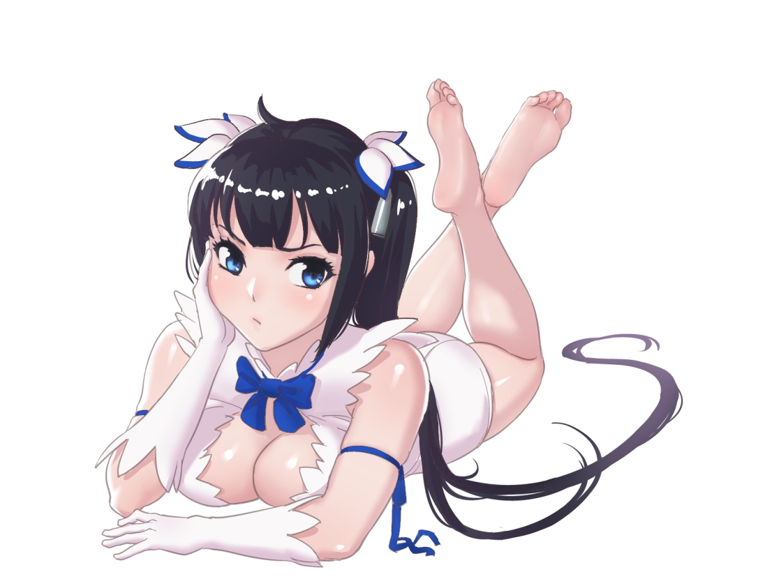 barefoot, black_hair, blue_eyes, breasts, cleavage, dungeon_ni_deai_wo_motomeru_no_wa_machigatteiru_darou_ka, gloves, hestia_(danmachi), long_hair, seeker_(shzyu), twintails, white